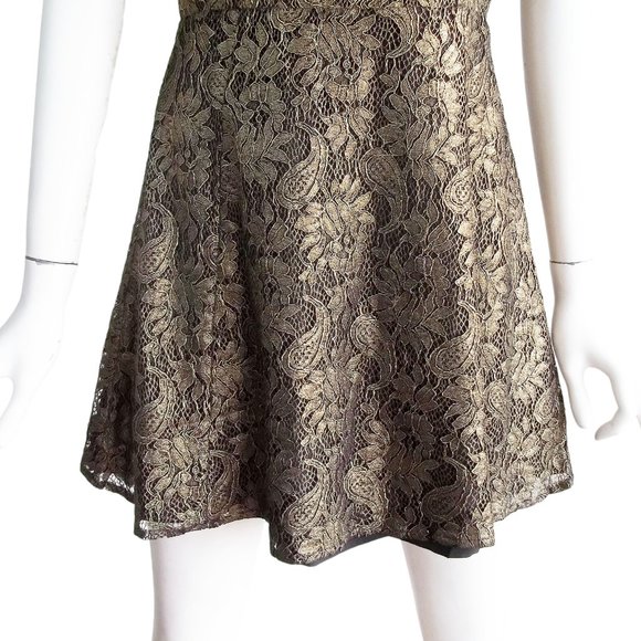 IF BY SEA Gold Lace Overlay Black Mini Fit n Flare Dress w Cutout Back Sz M NWT - Picture 5 of 8